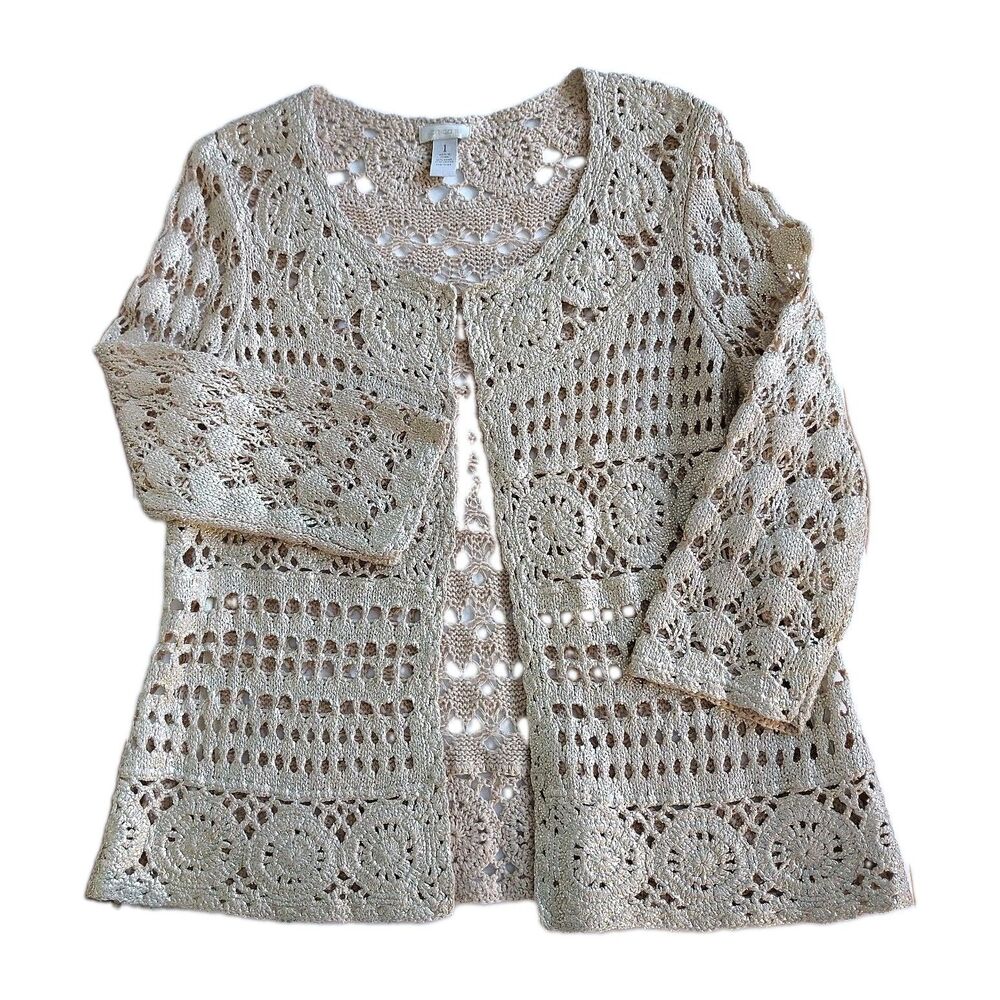 Chico's Galina Glimmer Cardigan Womens Sz 1 (M 8) Champagne Ramie Cotton NWOT